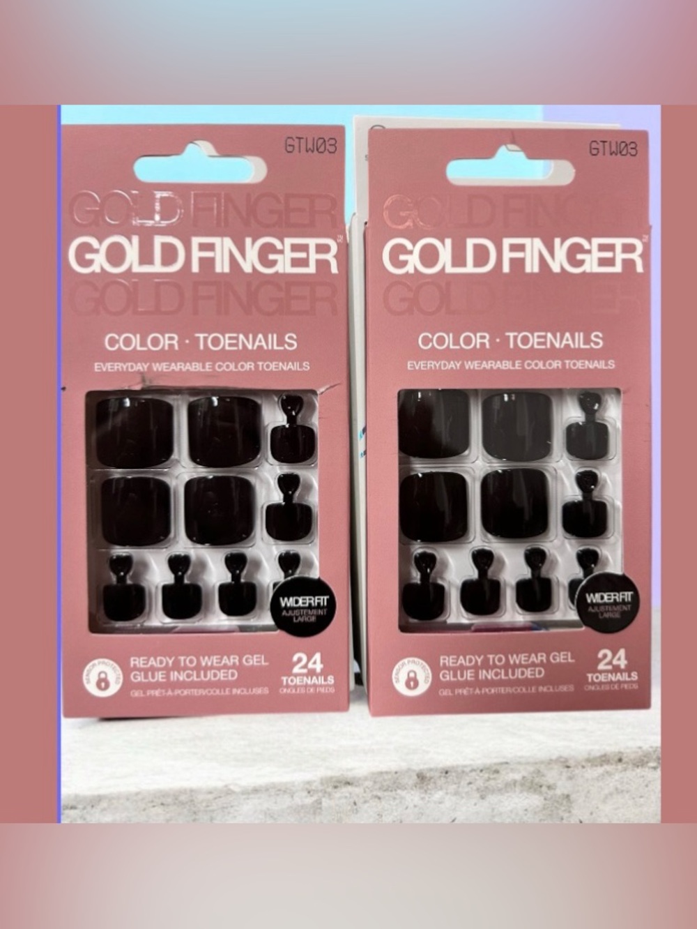 BLACK GOLDFINGER-SET-of-TWO Gel Shine Press-On Toenails -Wider fit-Multiple Use